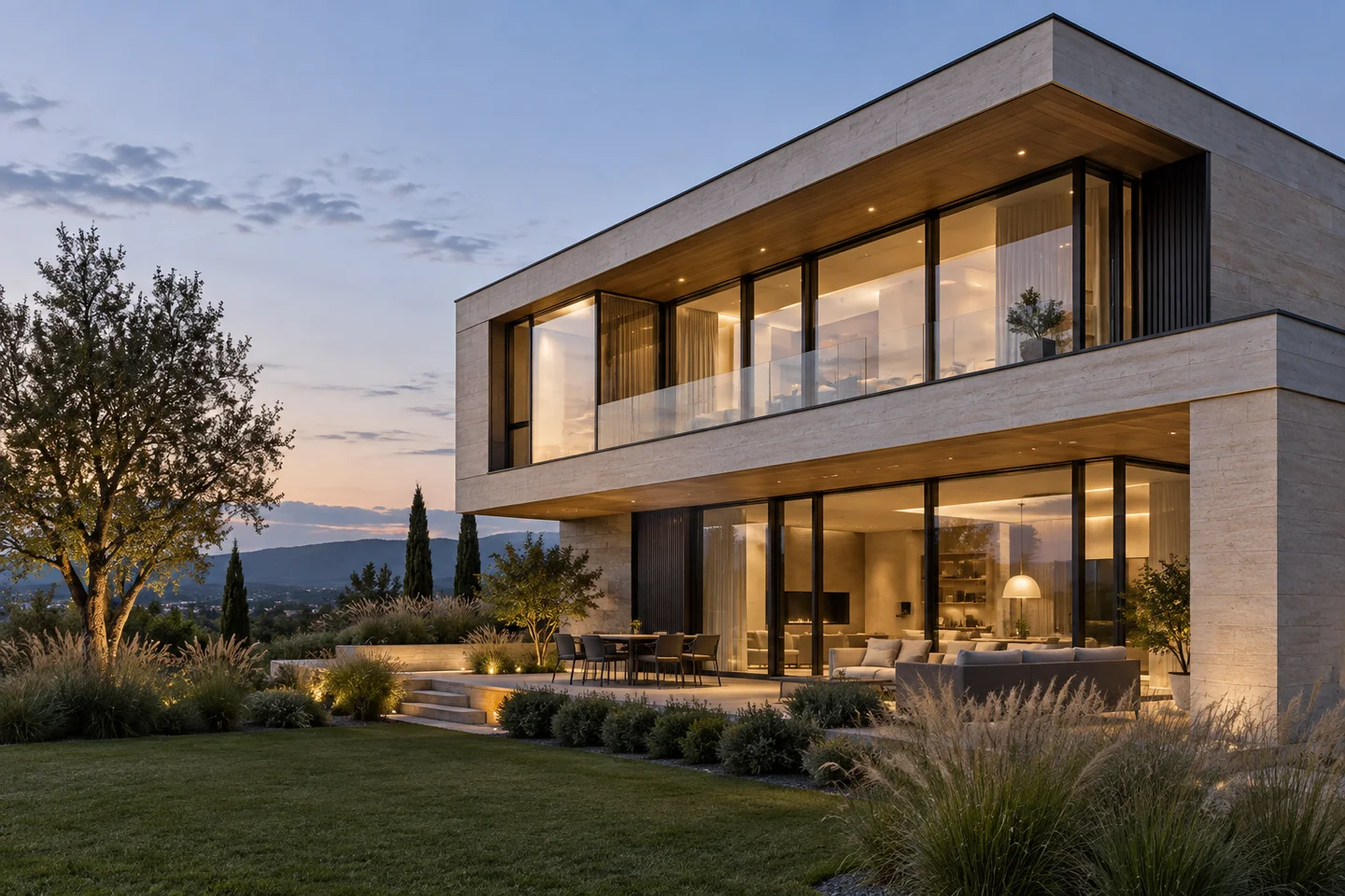 Modern home with warm interior light — architectural concept