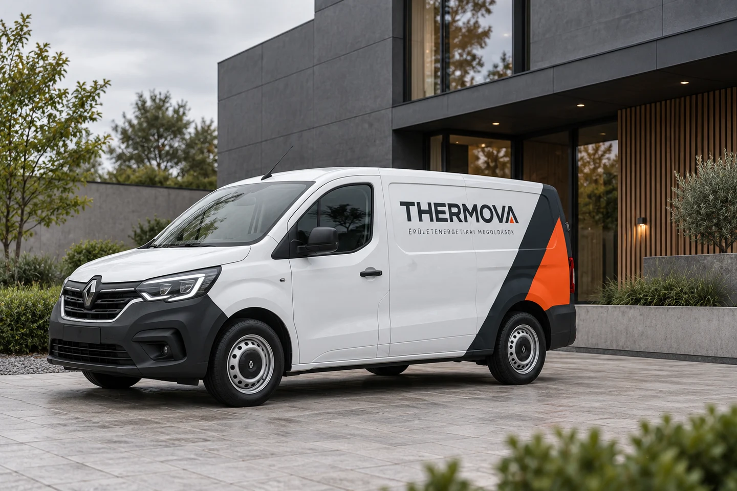 THERMOVA brand concept: branded service van outside a modern building